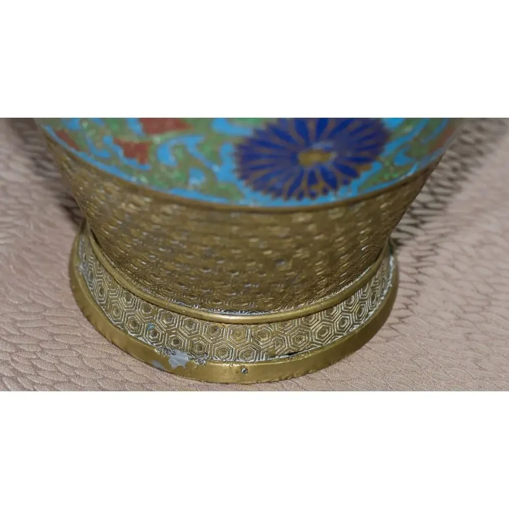 Japanese Brass Champlevé Cloisonné Urn-Form with Handles Converted Lamp Vase